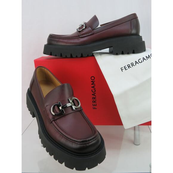 FERRAGAMO BURGUNDY LEATHER FLORIAN LUG SOLE GANCINI BIT LOGO LOAFERS 8 D 41 IT - Picture 5 of 12